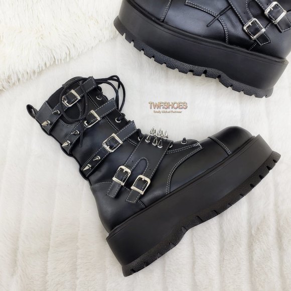 Men's Spiked Strap Goth Punk Platform Boots Slacker 165 - Picture 5 of 16